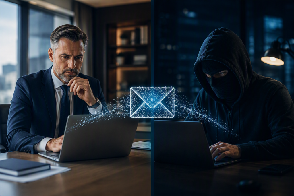 Ilustrácia CEO Fraud útoku, pri ktorom sa kybernetický útočník vydáva za konateľa spoločnosti prostredníctvom emailovej komunikácie.