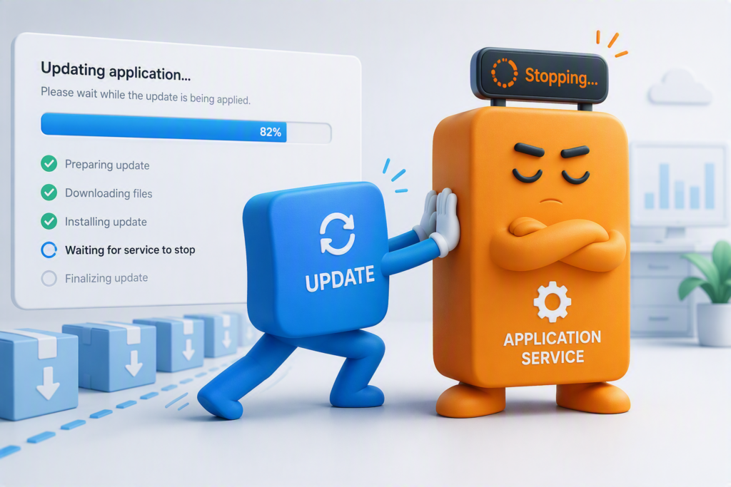 Ilustračný obrázok znázorňujúci aktualizáciu serverovej aplikácie, ktorá čaká na zastavenie služby v stave „Stopping“.