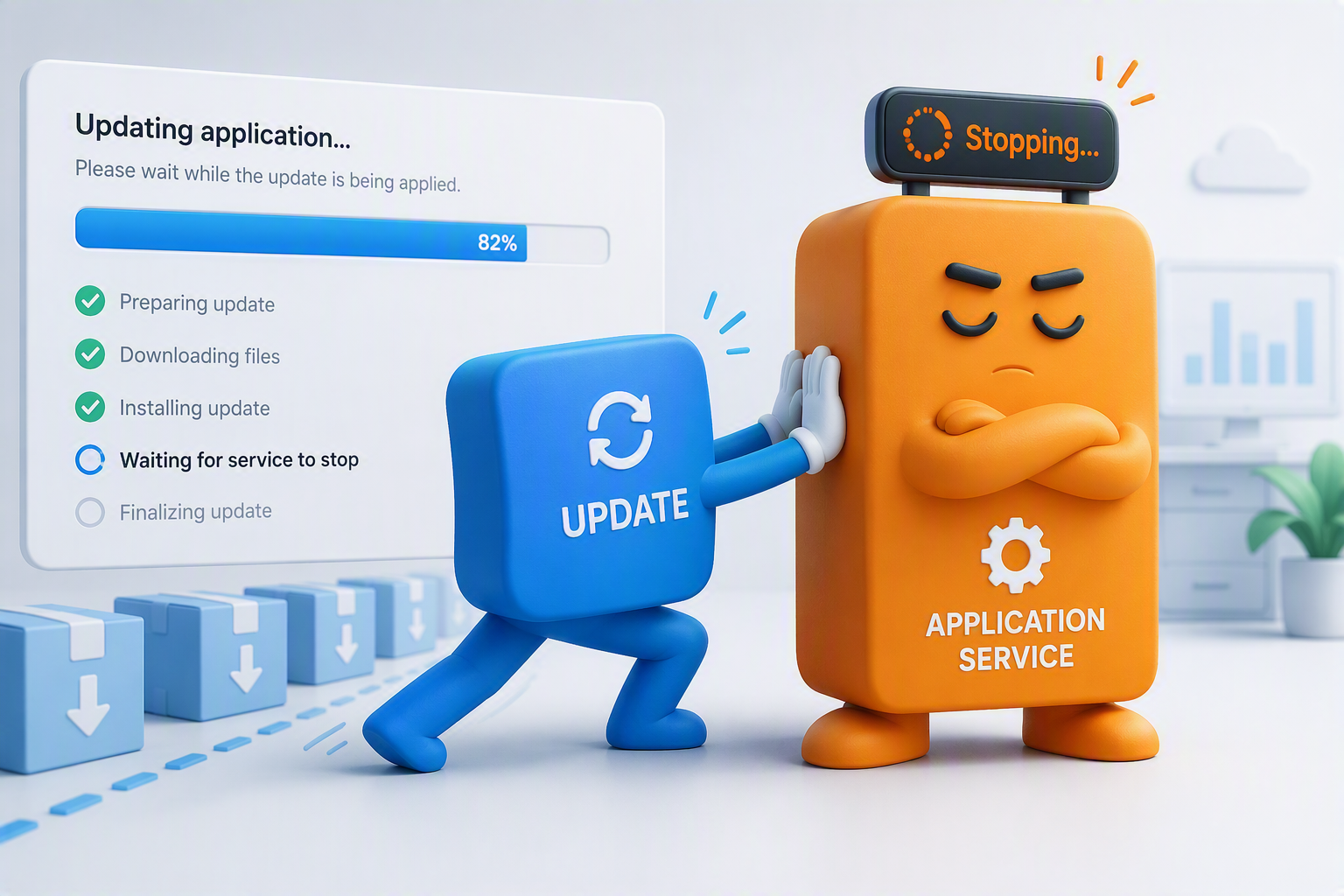 Ilustračný obrázok znázorňujúci aktualizáciu serverovej aplikácie, ktorá čaká na zastavenie služby v stave „Stopping“.